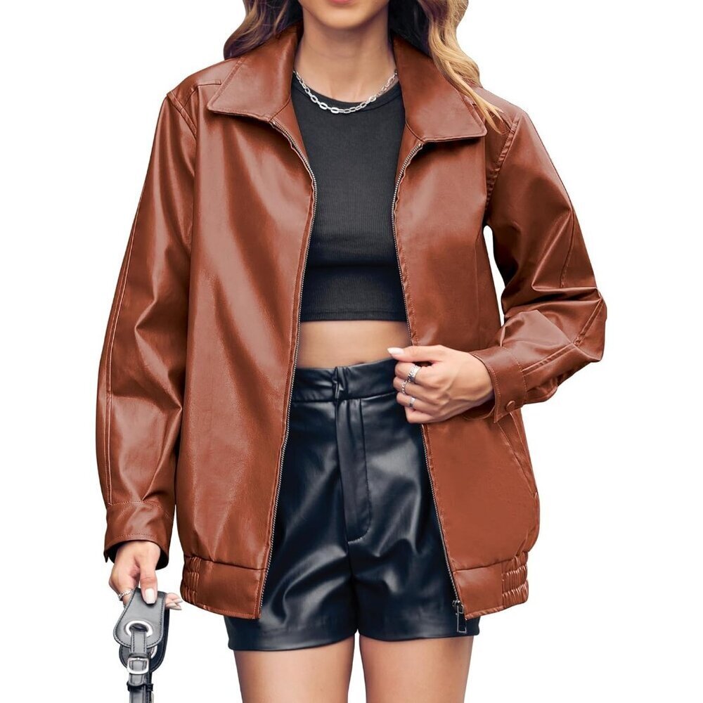 Women's Brown Faux Leather Casual Zip Up Trendy Bomber Motorcycle Jacket